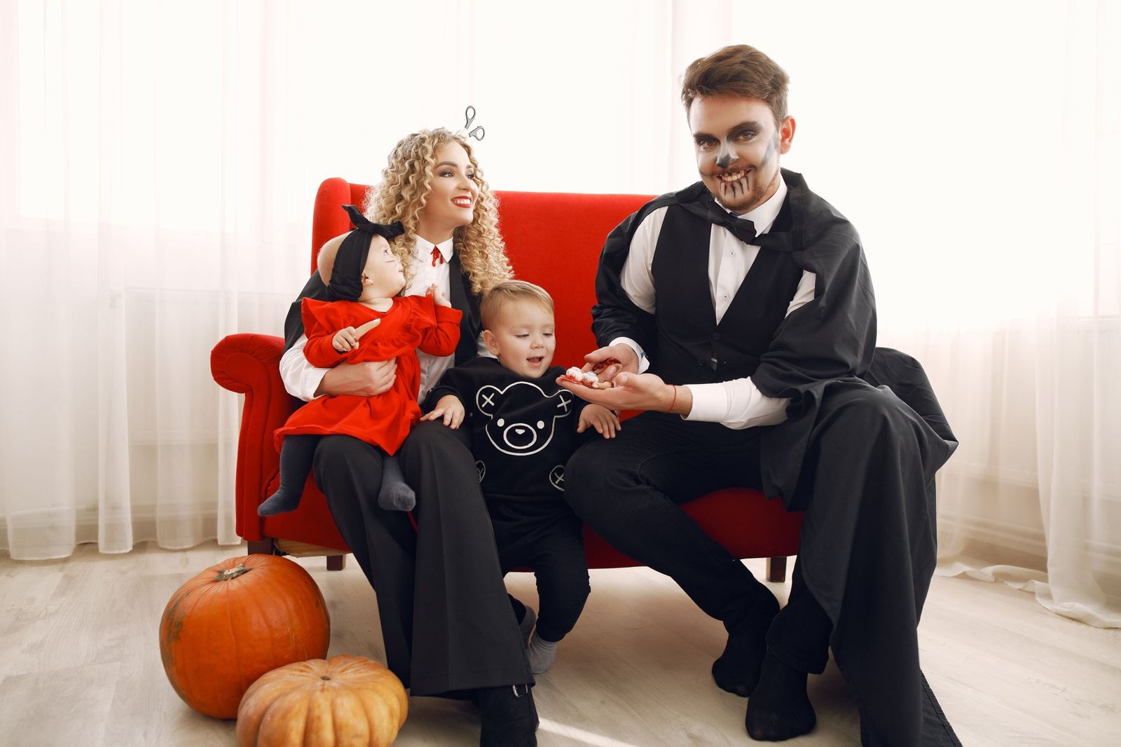 A family in coordinated Halloween costumes