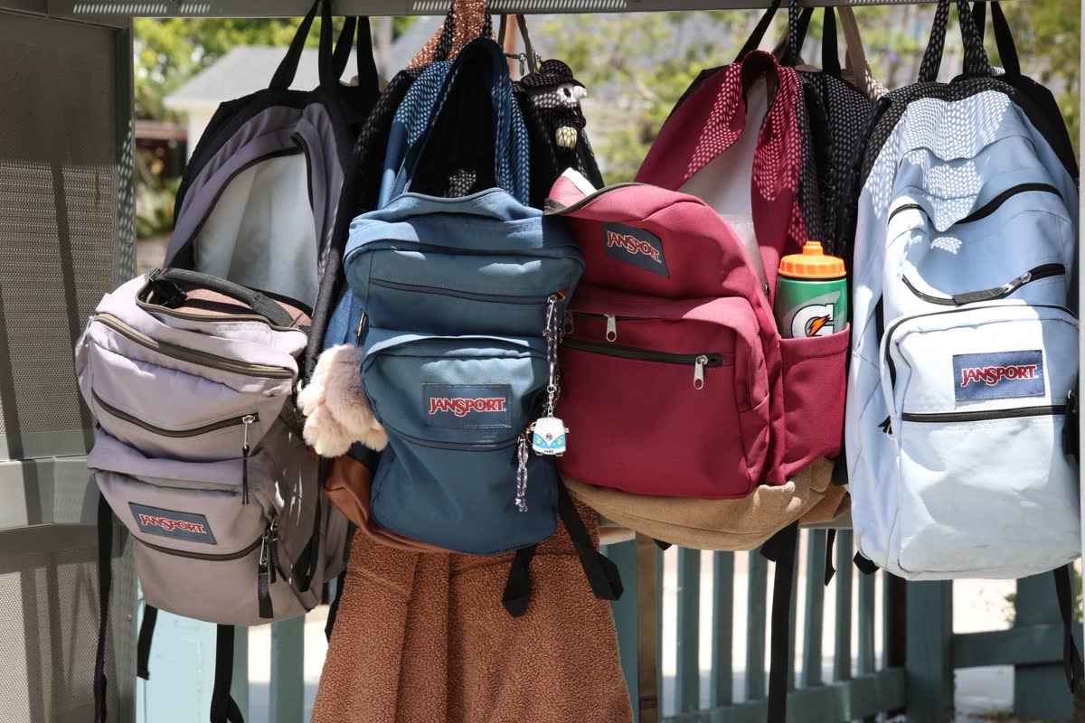 A row of kids' backpacks hanging on hooks