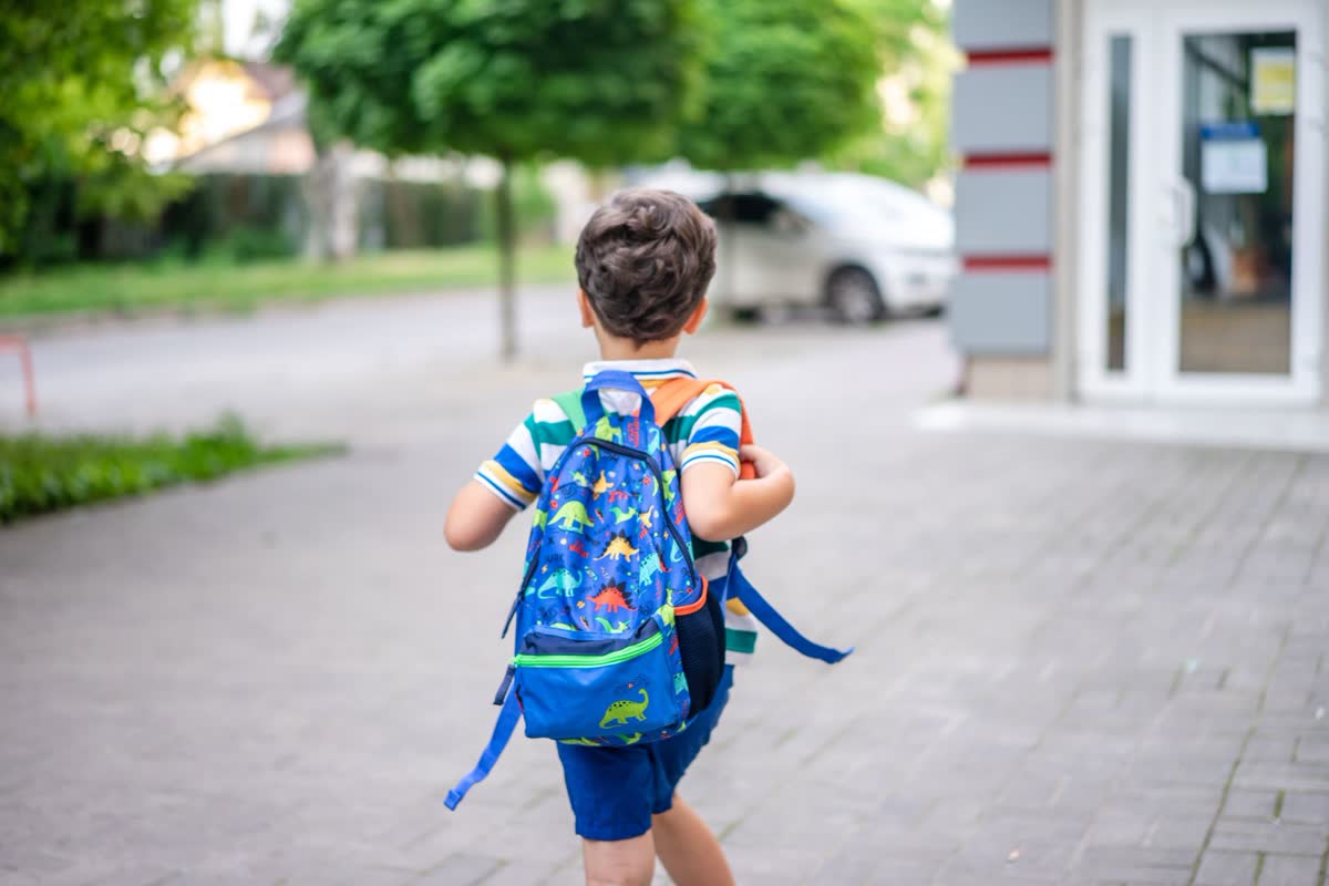 A child wearing a backpack walking to school