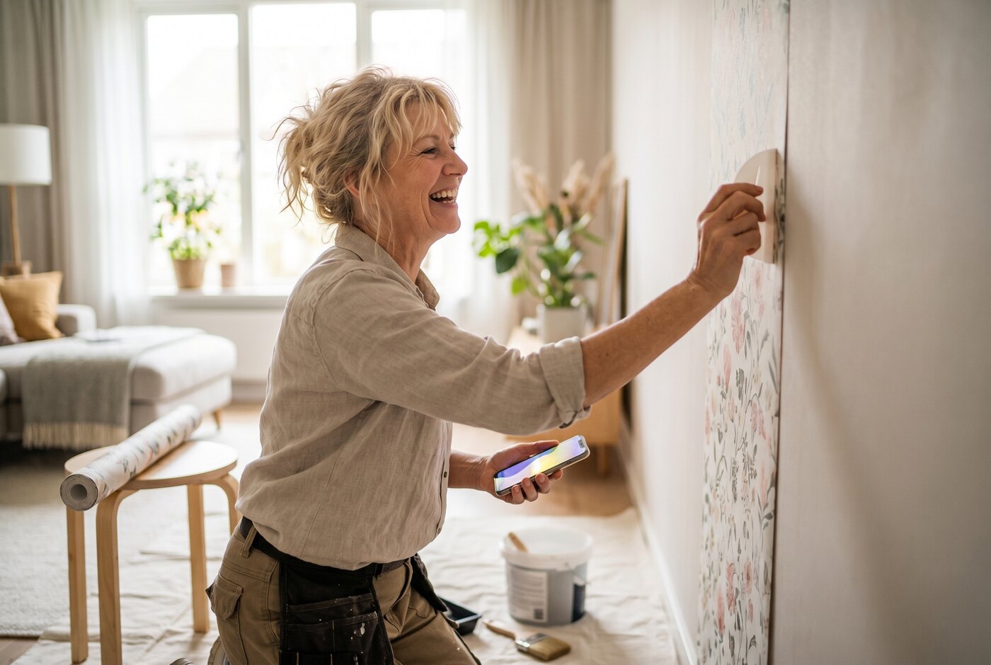 Homeowner hanging patterned wallpaper